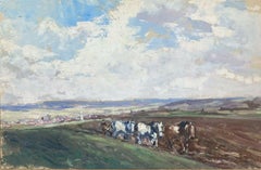 Leon Hatot (1883-1953) Original Signed Oil Painting - Blustery Skies Farm Horses