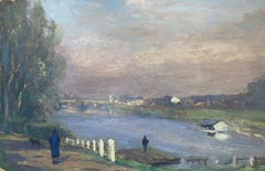 Leon Hatot (1883-1953) Vintage French Impressionist Oil River Landscape Figures