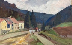 Signed French Impressionist Oil Landscape - Bright Alpine Village 