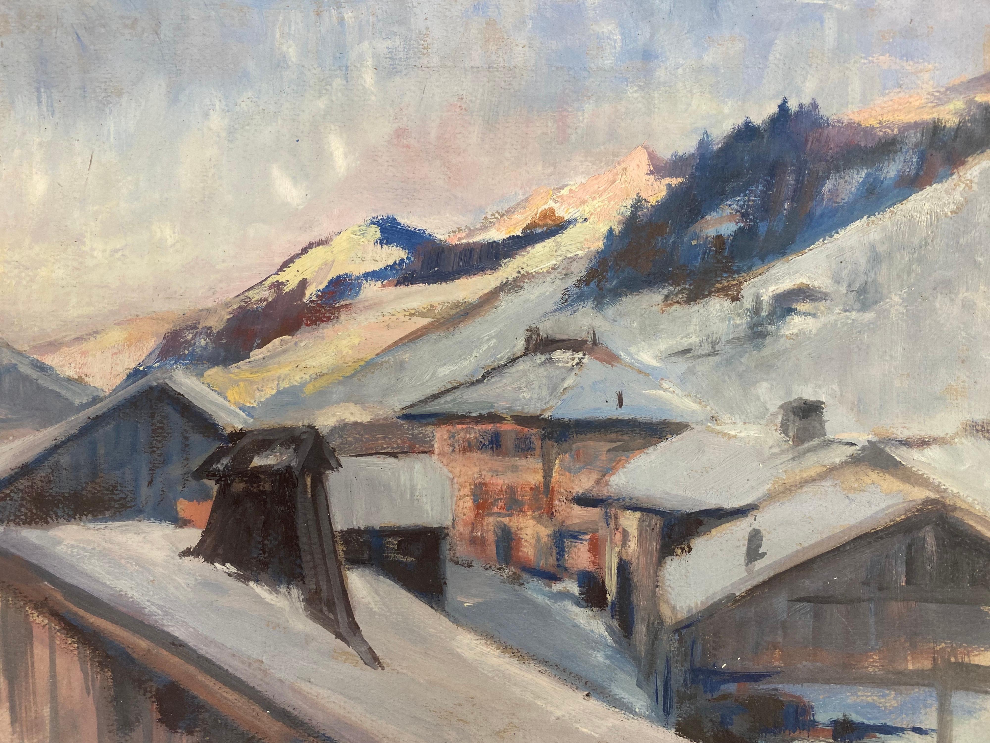 Leon Hatot Landscape Painting - Ski Chalet Winter Snow Landscape, Vintage French Impressionist signed oil 