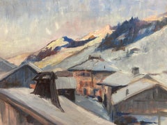 Ski Chalet Winter Snow Landscape, Vintage French Impressionist signed oil 