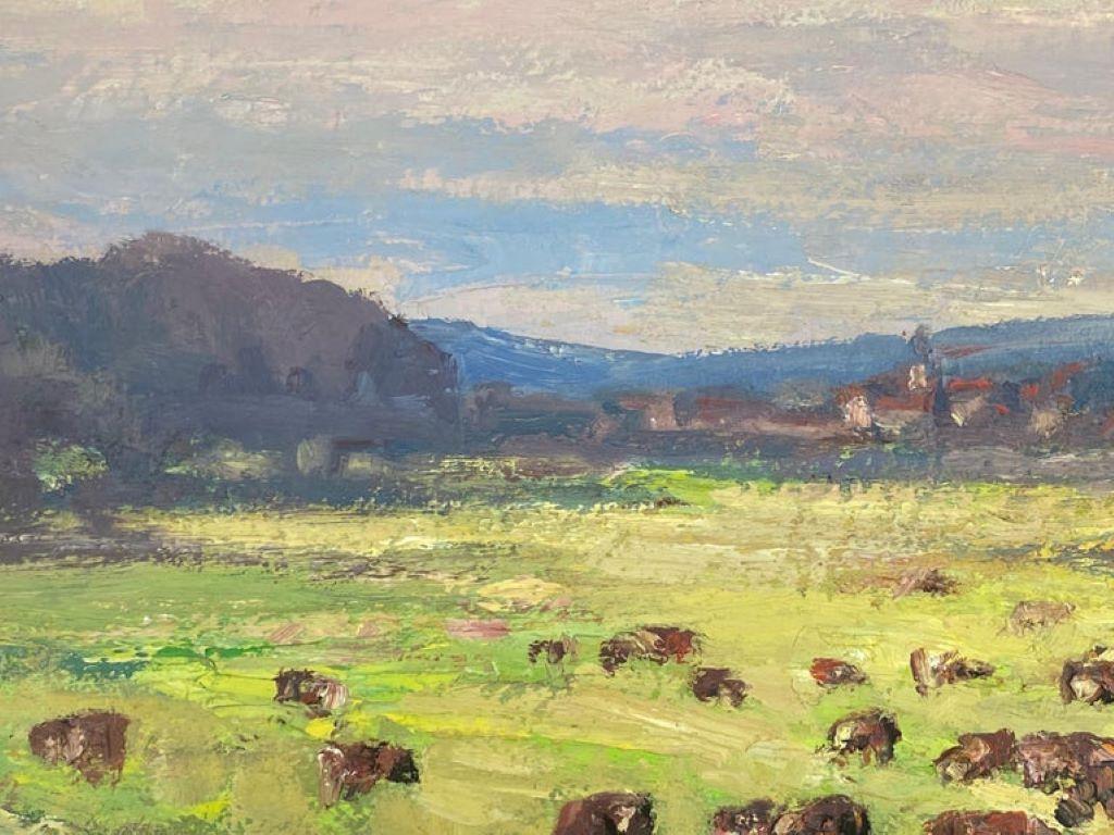 Óleo Impresionista Francés Vintage Vacas Comiendo Hierba En Campos Provenzales - Painting de Leon Hatot