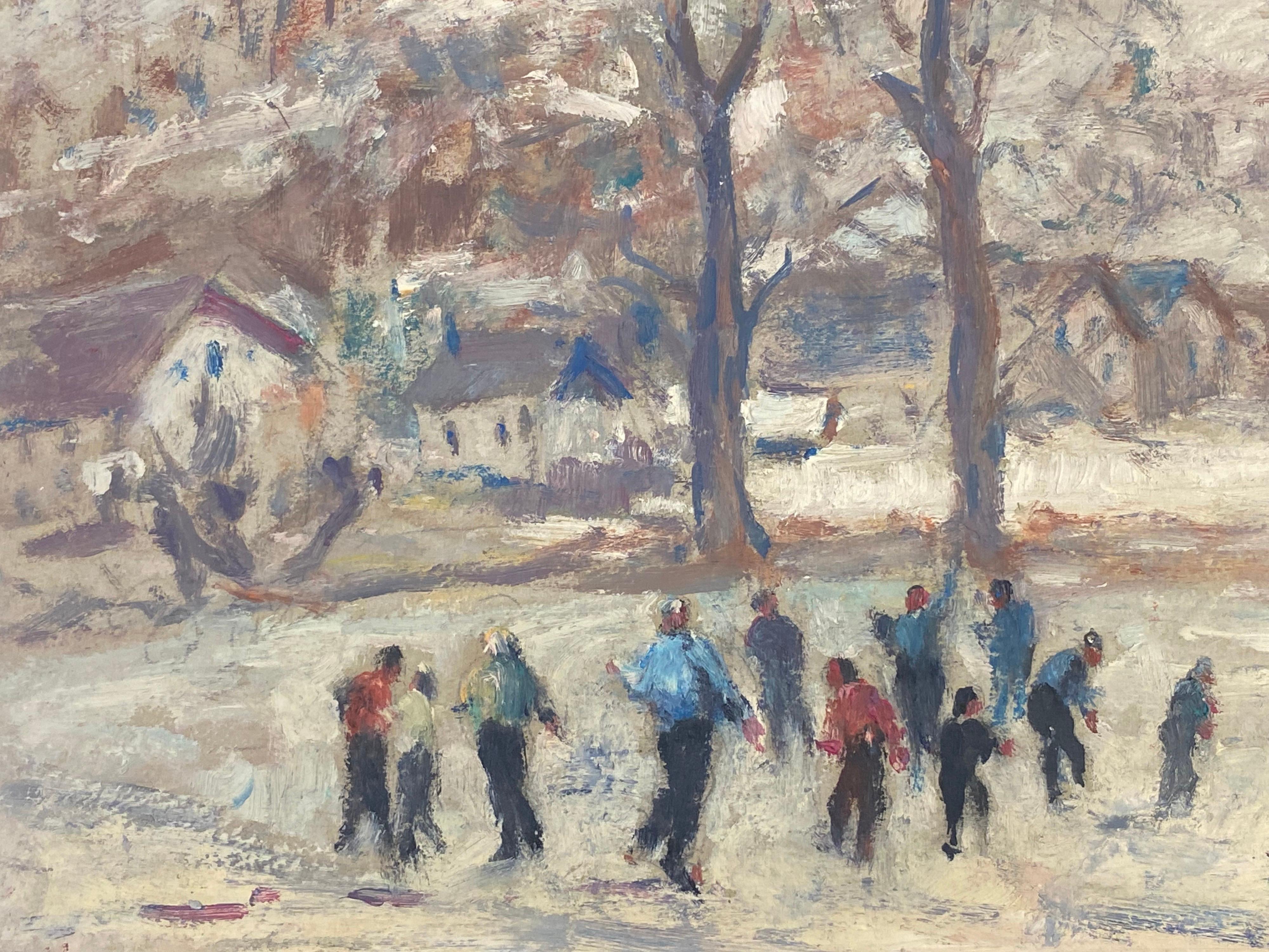 Vintage French Impressionist Oil Figures Playing in the Snow Winter Landscape (Figure che giocano nella neve) - Painting di Leon Hatot
