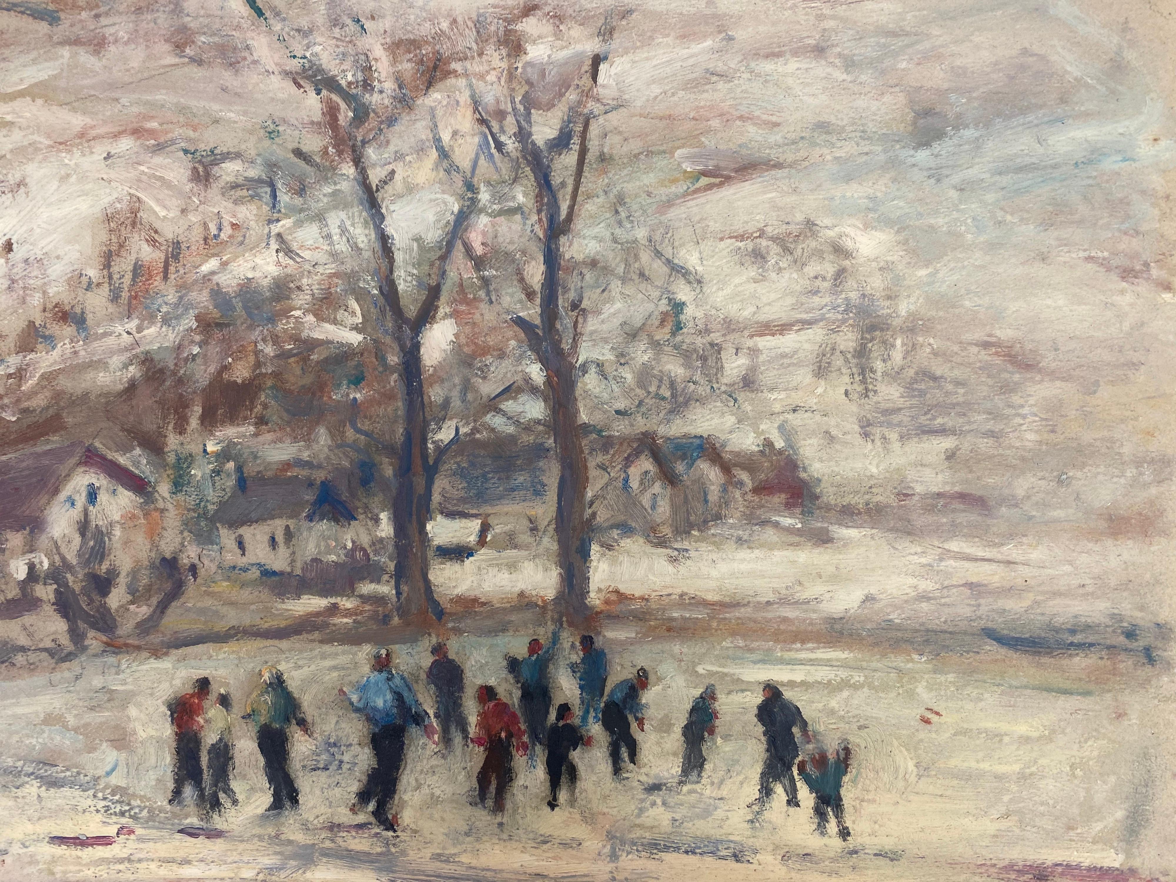 Leon Hatot Landscape Painting - Vintage French Impressionist Oil Figures Playing in the Snow Winter Landscape