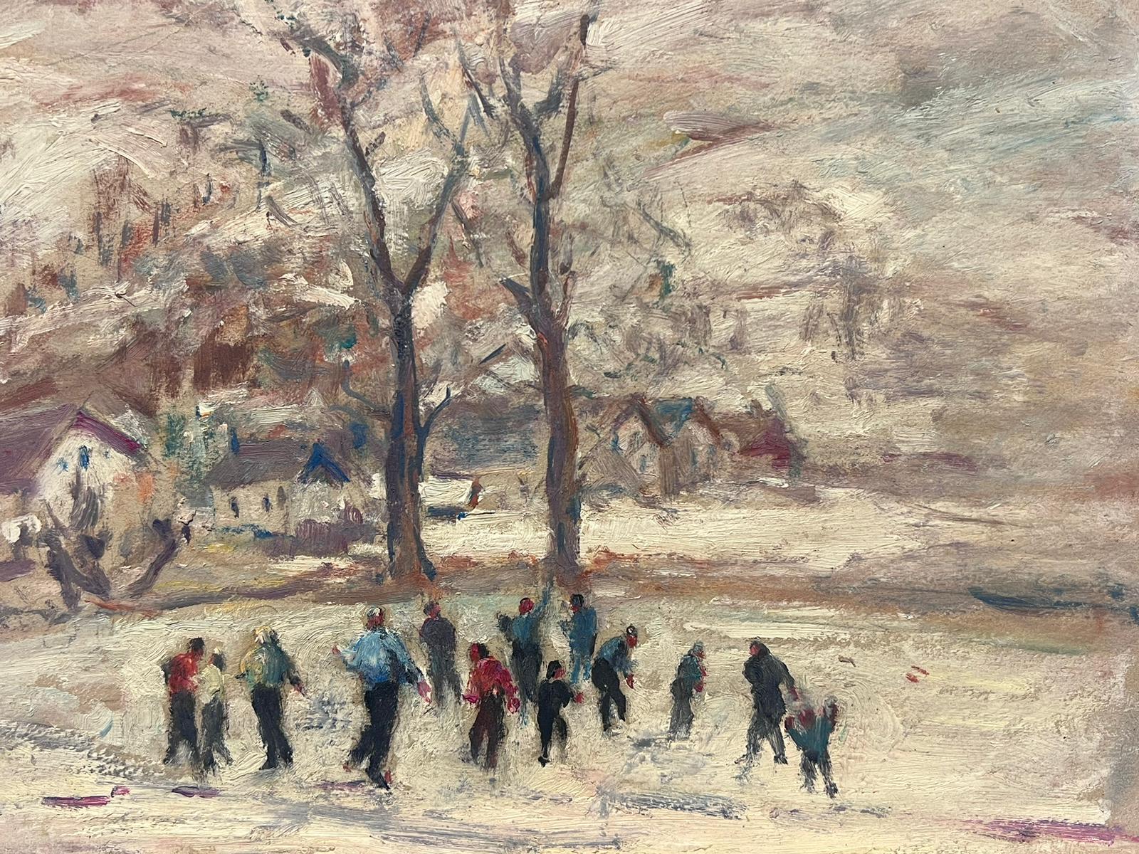 Französische impressionistische Vintage-Ölgemäldefiguren, im Winter spielend, im Schneeball – Painting von Leon Hatot