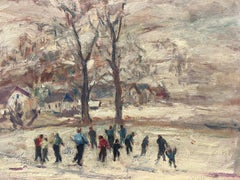 Französische impressionistische Vintage-Ölgemäldefiguren, im Winter spielend, im Schneeball