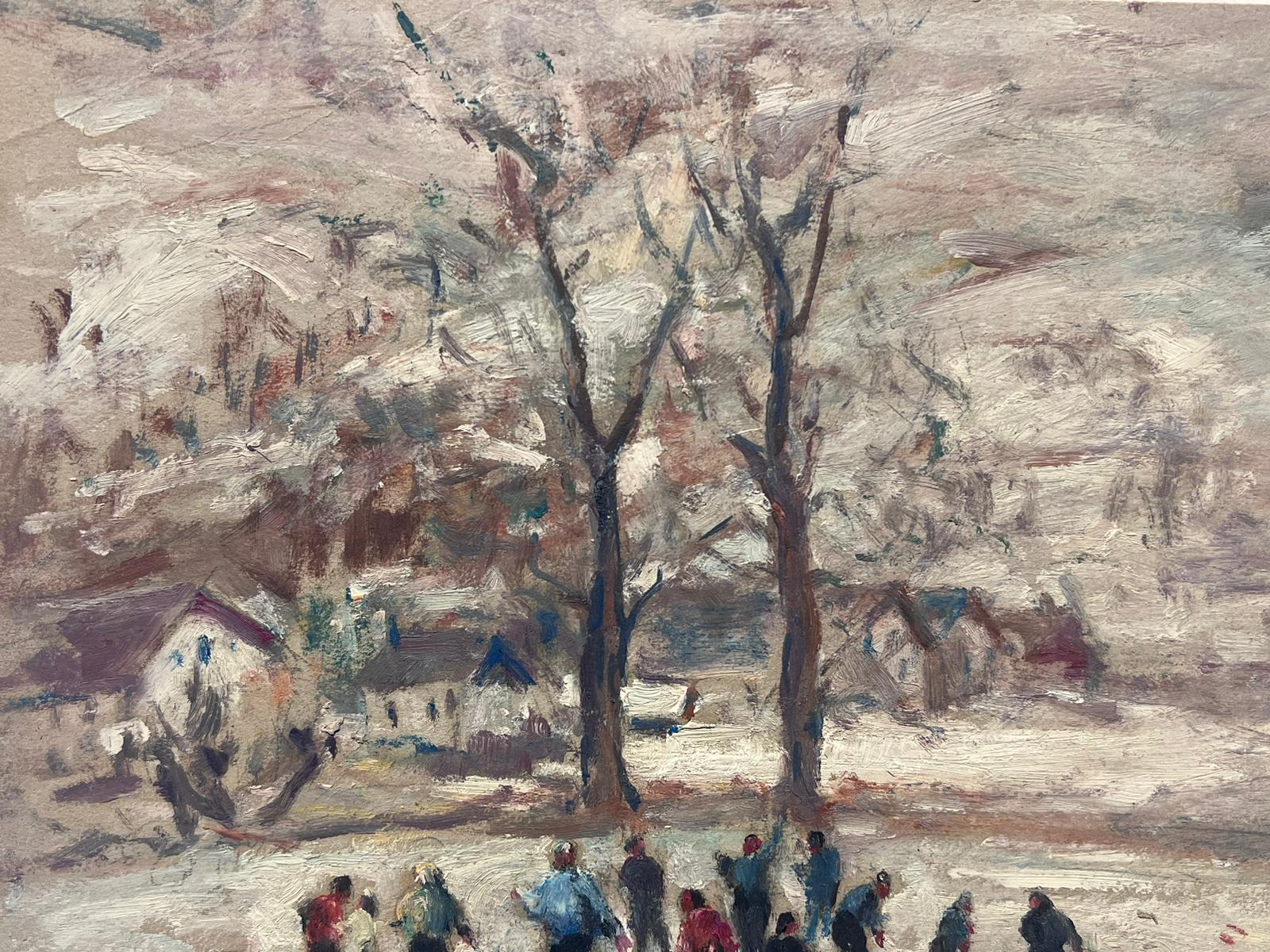Französische impressionistische Vintage-Ölgemäldefiguren, im Winter spielend, im Schneeball (Impressionismus), Painting, von Leon Hatot