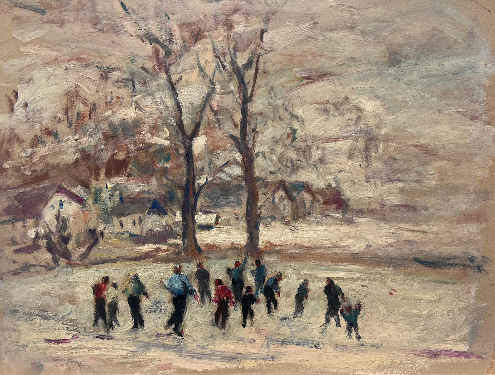 Vintage French Impressionist Oil Figures Playing Snowball in the Winter
