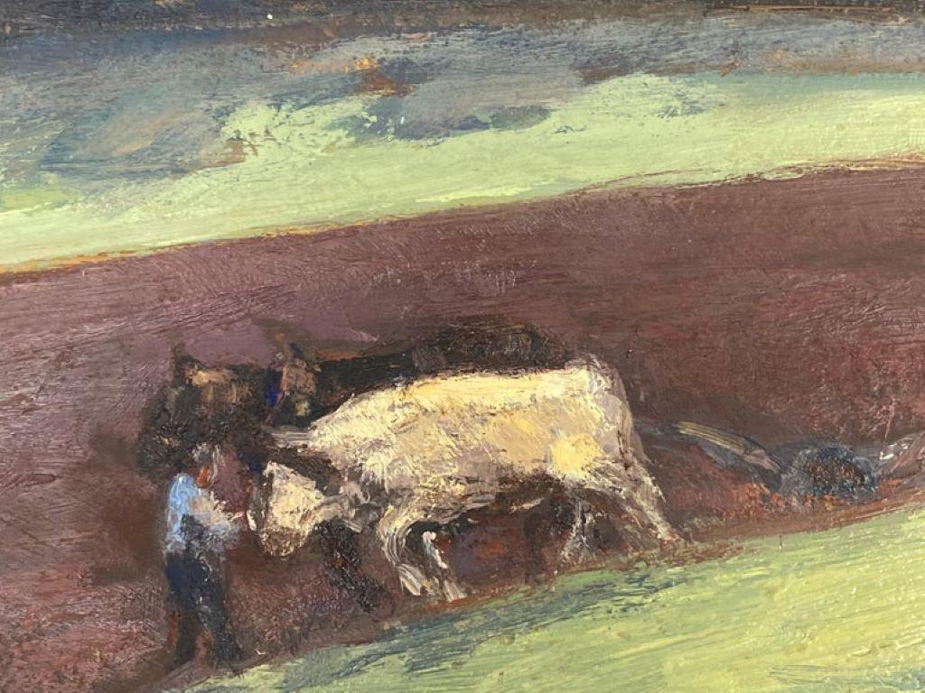 Óleo impresionista francés vintage Caballo y campesinos en paisaje de tierra - Painting de Leon Hatot
