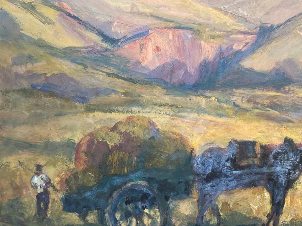 Vintage French Impressionist Oil Horse & Cart With Farmers Cropping The Harvest - Painting by Leon Hatot