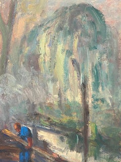 Vintage French Impressionist Oil Man Collecting Wood Under The Willow Tree