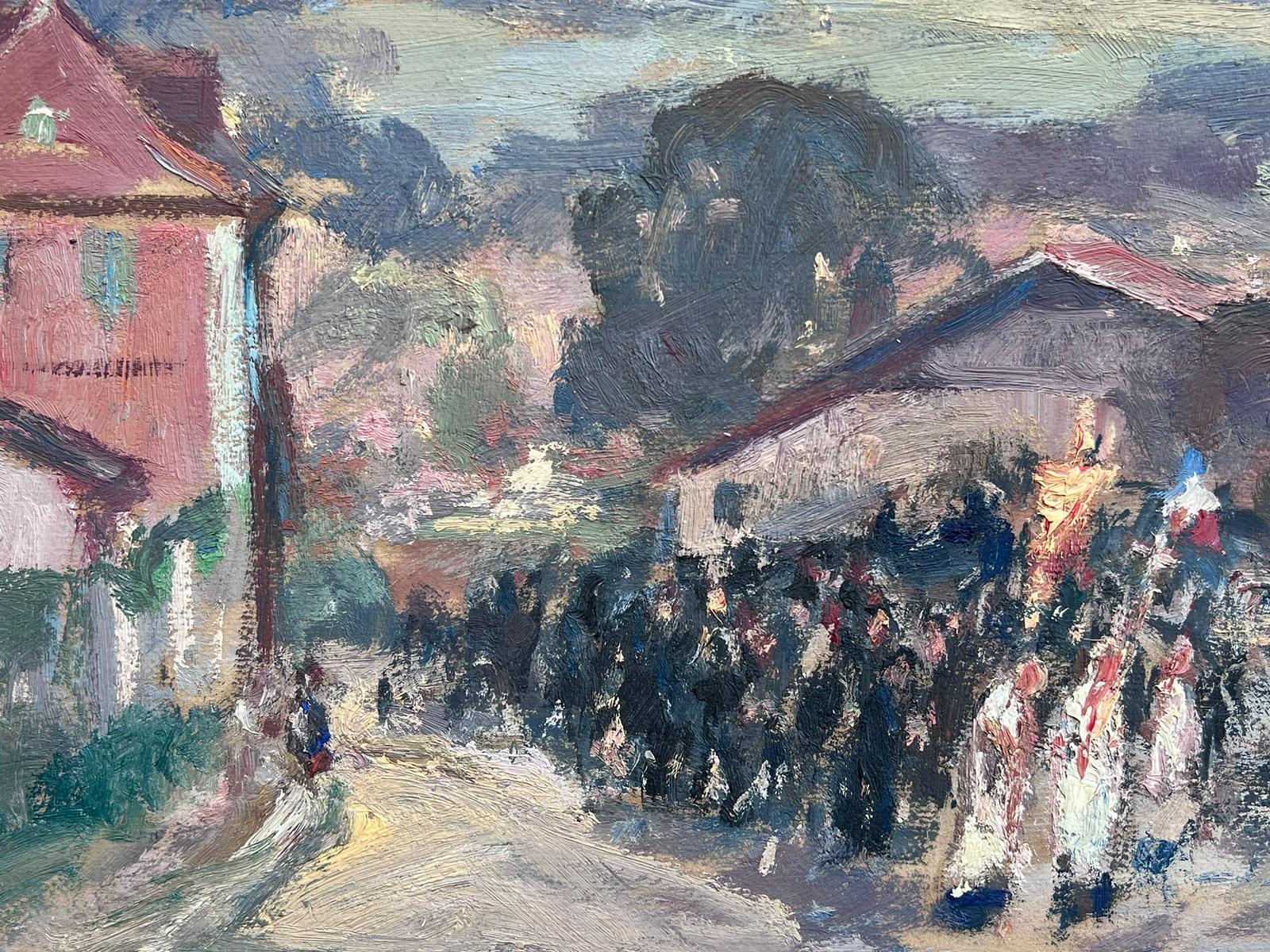 Vintage French Impressionist Oil Painting French March Through Town For Sale 2