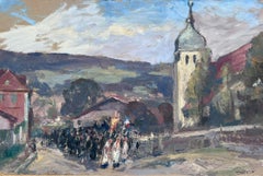 Peinture à l'huile impressionniste française vintage March Through Town