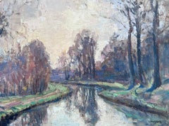Pintura al óleo impresionista francesa vintage Camino arremolinado a lo largo de la orilla del río