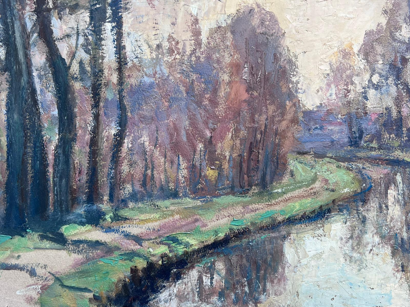 Vintage French Impressionist Oil Painting Swirly Path Along River Bank For Sale 2
