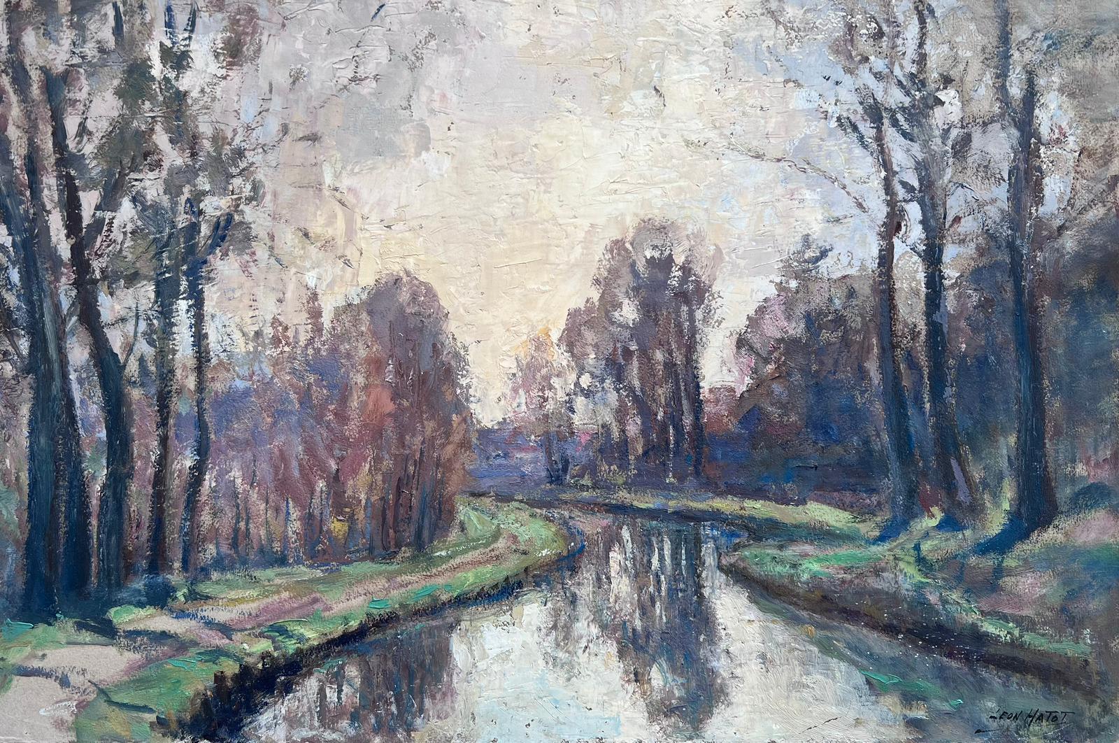 Peinture à l'huile impressionniste française vintage - Chemin de fer tourbillonnant le long de la rivière