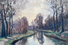 Peinture à l'huile impressionniste française vintage - Chemin de fer tourbillonnant le long de la rivière