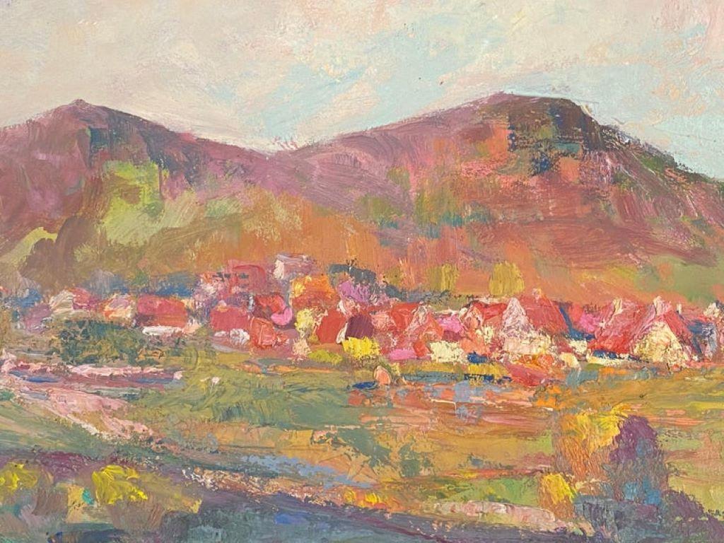 Vintage French Impressionist Oil Pink Sunset Over Provence Village - Painting by Leon Hatot