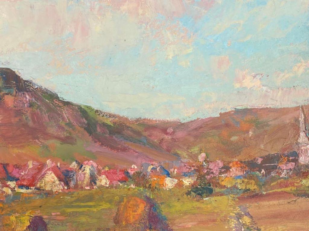 Vintage French Impressionist Oil Pink Sunset Over Provence Village For Sale 1