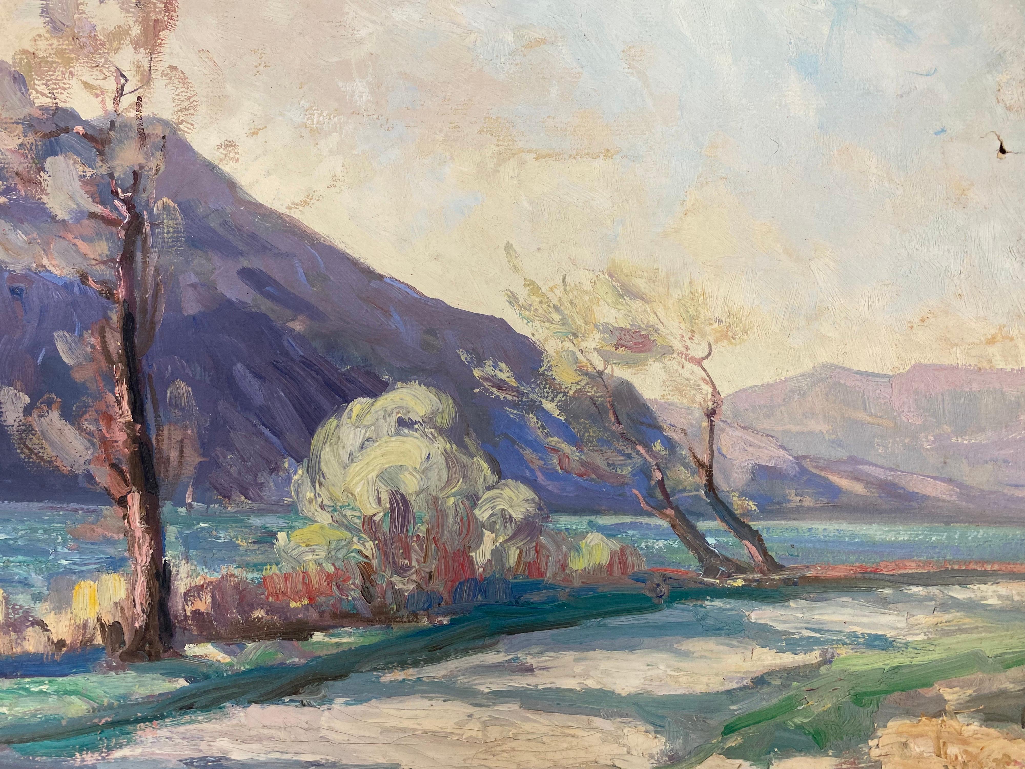Leon Hatot Landscape Painting - Vintage French Impressionist Oil Windy Purple Provence Landscape