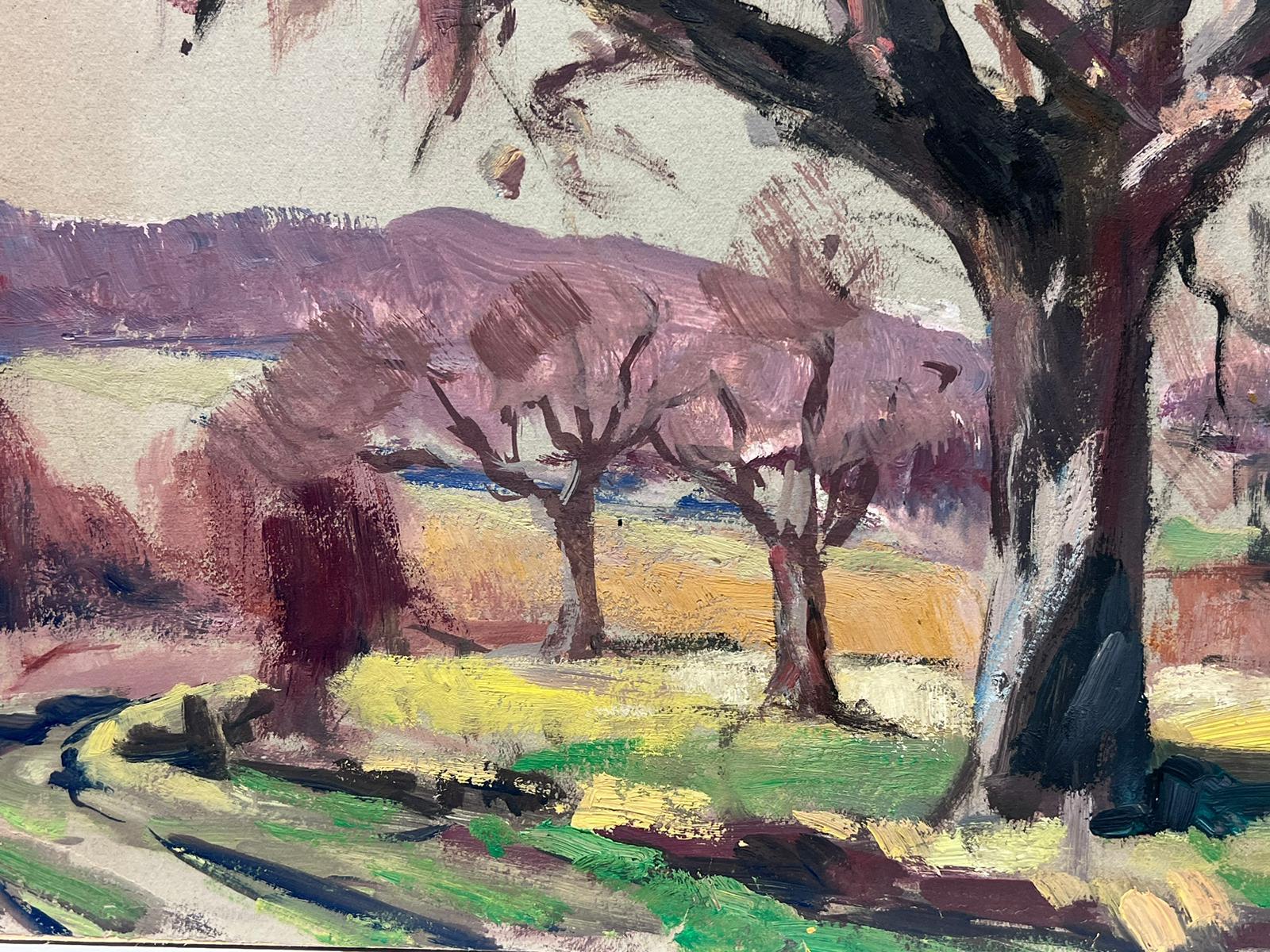 Peinture à l'huile française vintage d'un arbre nu d'automne dans un paysage de terrain ouvert - Painting de Leon Hatot