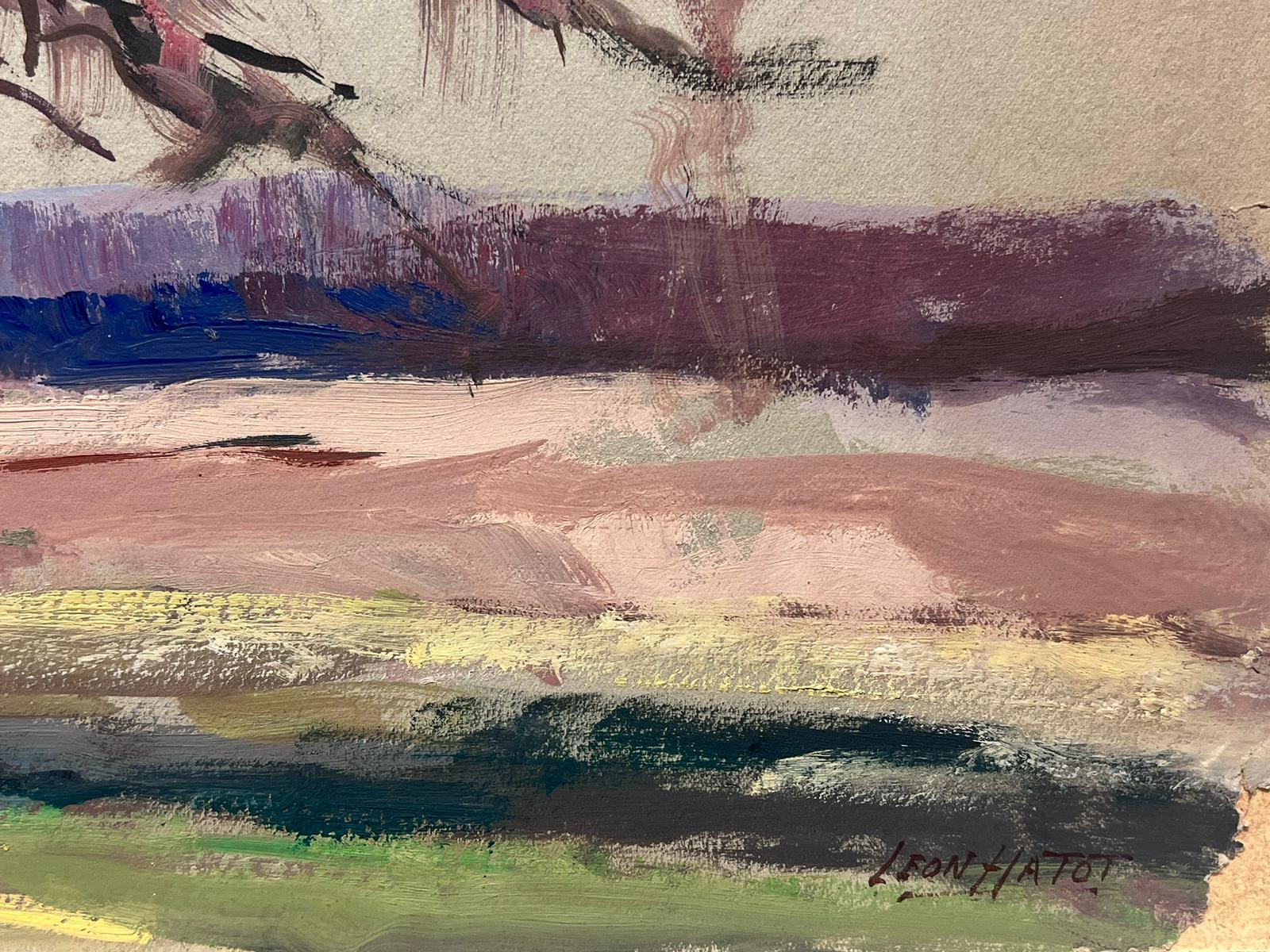 Peinture à l'huile française vintage d'un arbre nu d'automne dans un paysage de terrain ouvert - Impressionnisme Painting par Leon Hatot