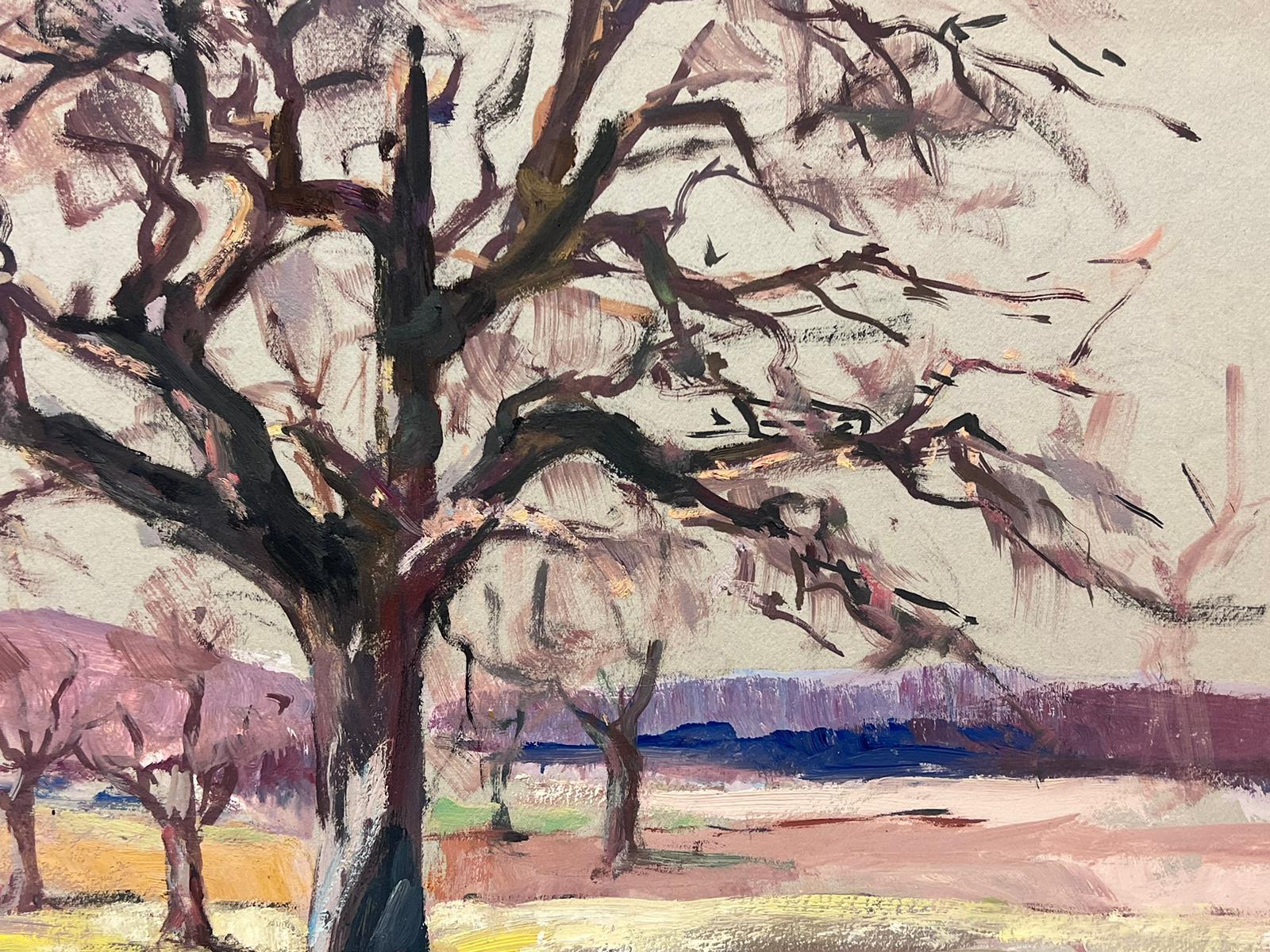 Peinture à l'huile française vintage d'un arbre nu d'automne dans un paysage de terrain ouvert en vente 1