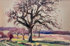 Peinture à l'huile française vintage d'un arbre nu d'automne dans un paysage de terrain ouvert