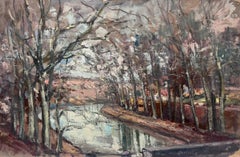 Vintage French Oil Painting Bare Winter Trees Alongside The River
