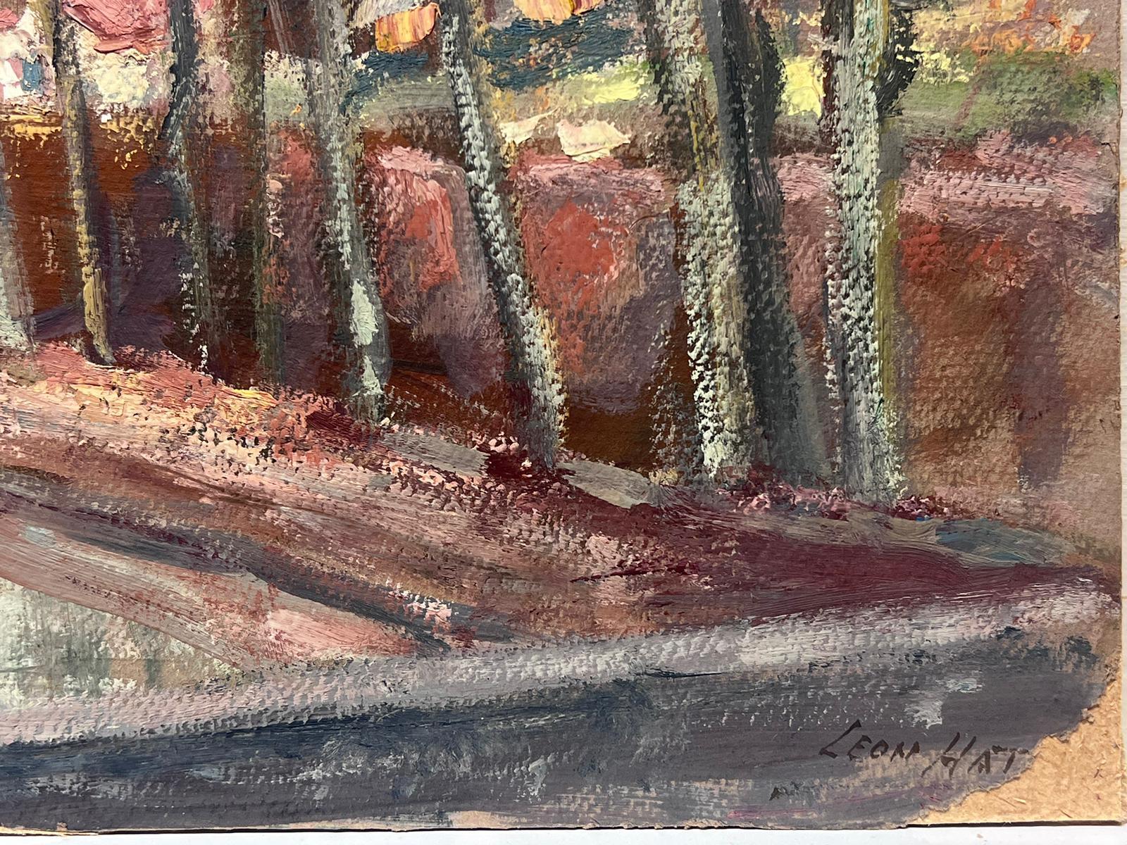 Peinture à l'huile française vintage - arbres d'hiver dénudés à côté de la rivière - Impressionnisme Painting par Leon Hatot