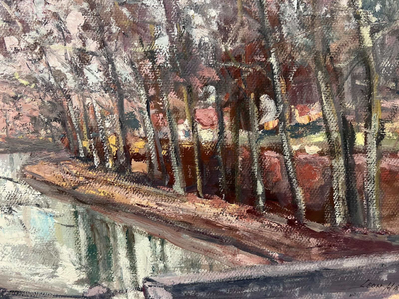 Vintage French Oil Painting Bare Winter Trees Alongside The River For Sale 1
