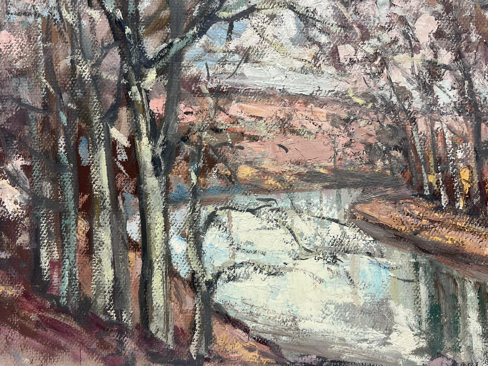 Peinture à l'huile française vintage - arbres d'hiver dénudés à côté de la rivière en vente 1