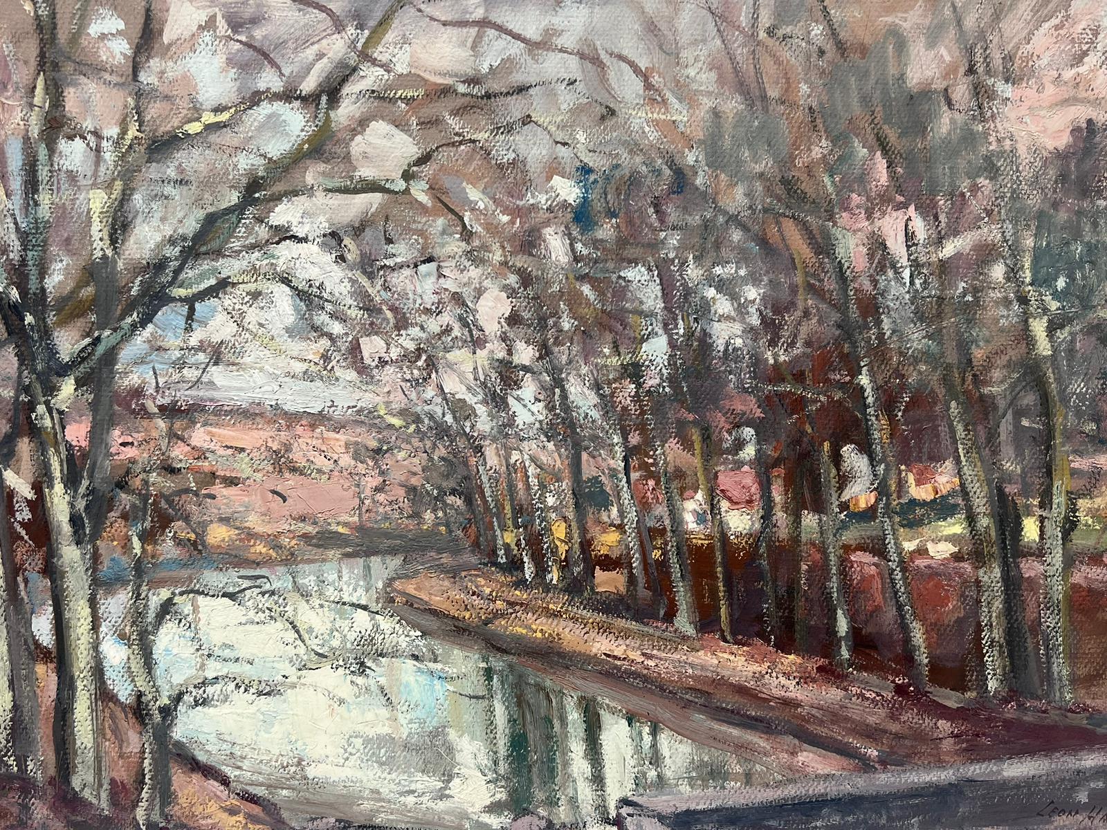 Landscape Painting Leon Hatot - Peinture à l'huile française vintage - arbres d'hiver dénudés à côté de la rivière