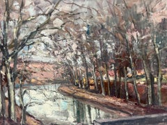 Antique French Oil Painting Bare Winter Trees Alongside The River