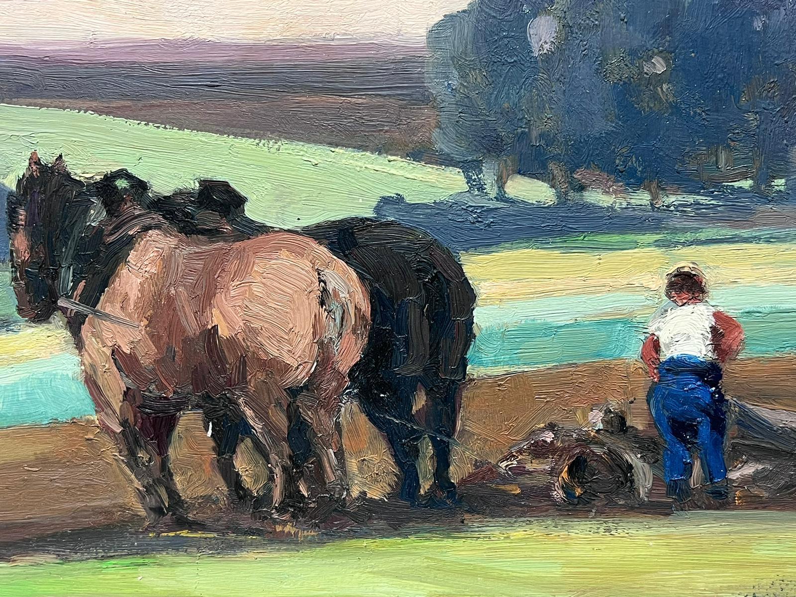 Peinture à l'huile française vintage Cheval noir et brun avec moissonneuse dans les champs - Painting de Leon Hatot