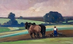 Vintage Französisch Ölgemälde schwarz und braun Pferd mit Erntemaschine in Feldern