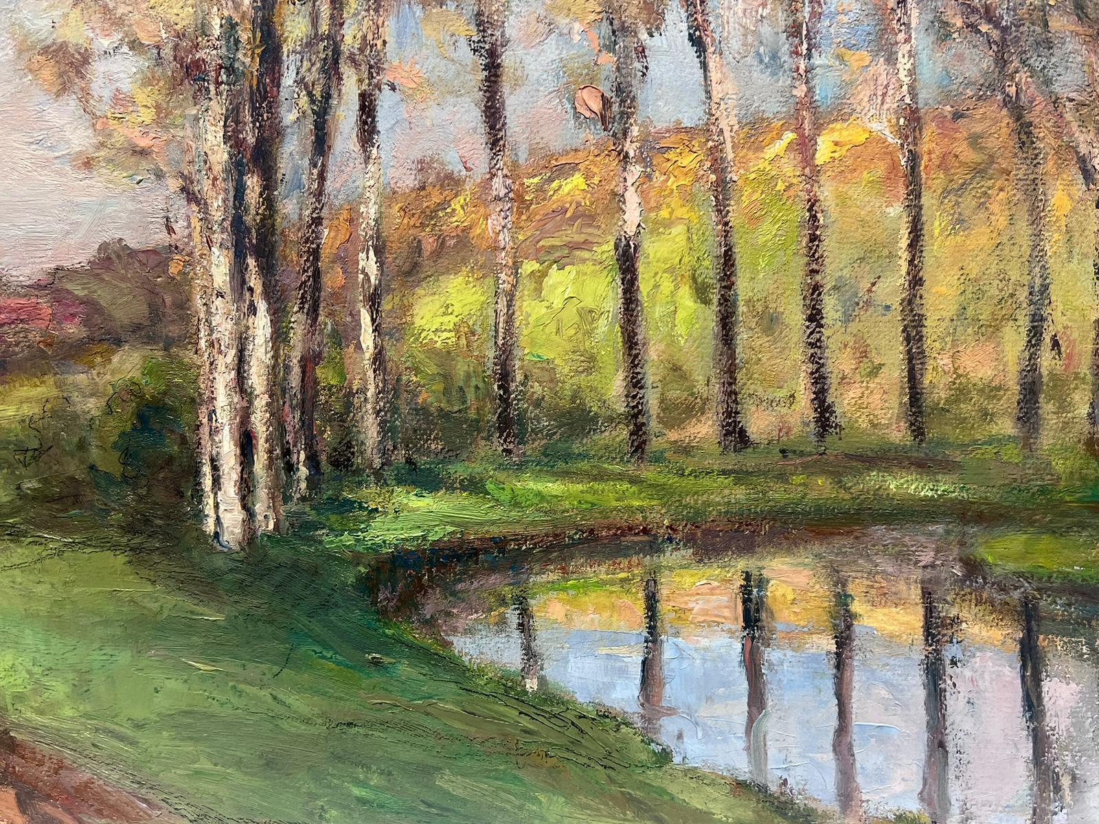 Peinture à l'huile française ancienne - Chevaux noirs se promenant autour d'une rivière éclairée - Impressionnisme Painting par Leon Hatot