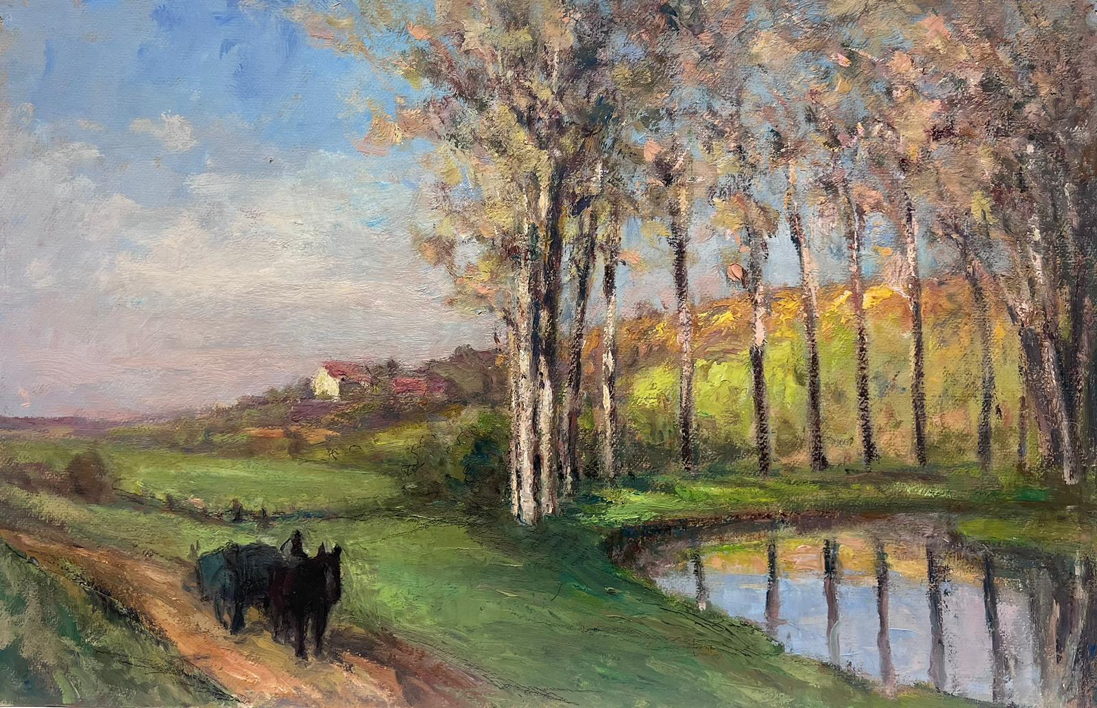 Animal Painting Leon Hatot - Peinture à l'huile française ancienne - Chevaux noirs se promenant autour d'une rivière éclairée