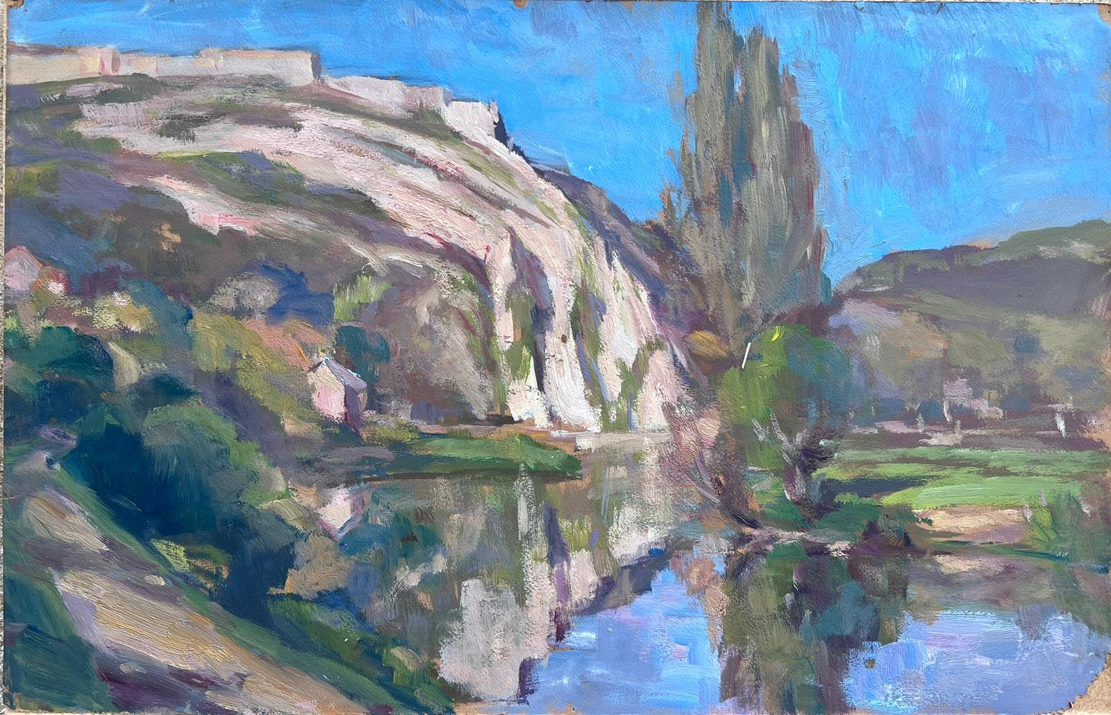 Leon Hatot Animal Painting - Vintage French Oil Painting Blue Sky Mountain Reflection Onto Lake