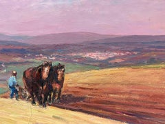 Vintage French Oil Painting Brown Horses In Field Under Purple Sunrise