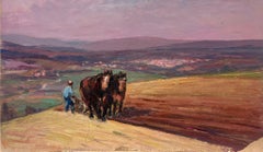 Antique French Oil Painting Brown Horses In Field Under Purple Sunrise