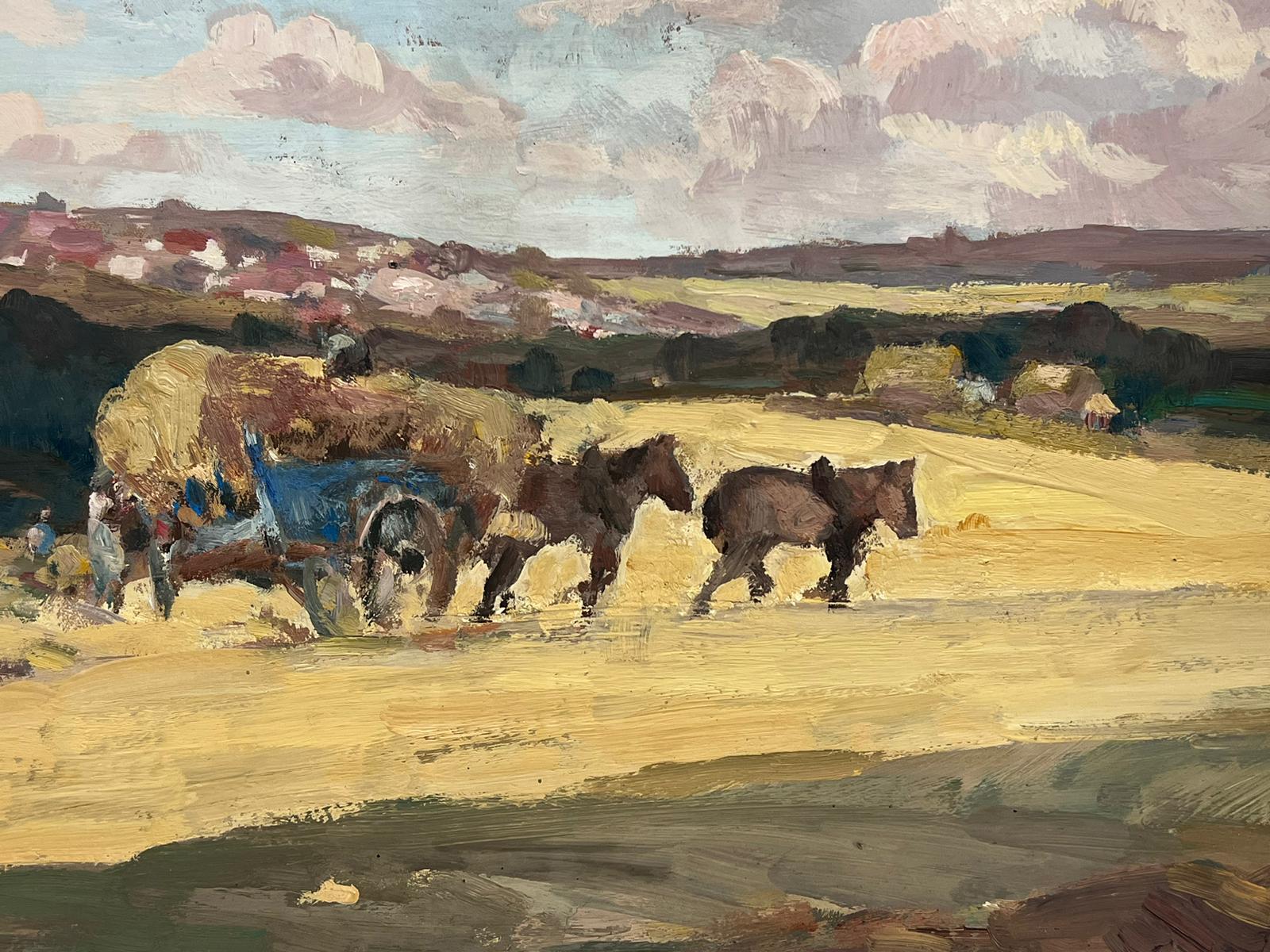Peinture à l'huile française d'époque Chevaux bruns tirant une charrette à foin dans des champs d'or - Painting de Leon Hatot