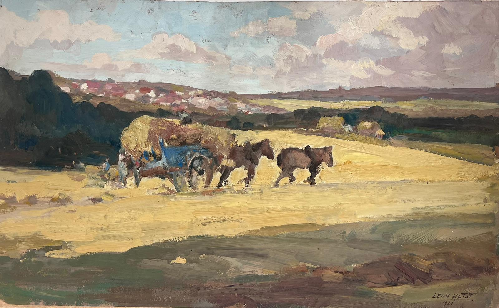 Animal Painting Leon Hatot - Peinture à l'huile française d'époque Chevaux bruns tirant une charrette à foin dans des champs d'or