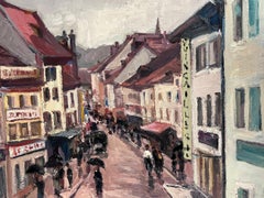 Vintage French Oil Painting Busy Red Town With Figures Holding Umbrellas