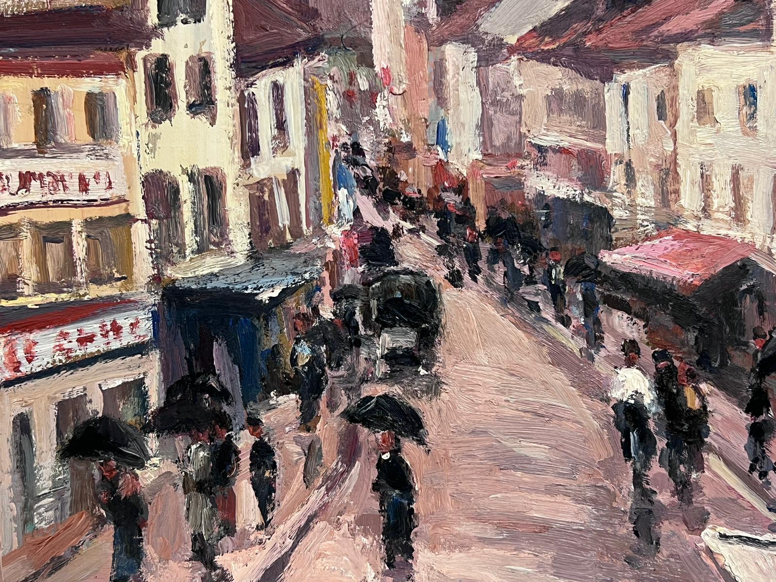Vintage French Oil Painting Busy Red Town With Figures Holding Umbrellas For Sale 2