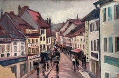 Antique French Oil Painting Busy Red Town With Figures Holding Umbrellas