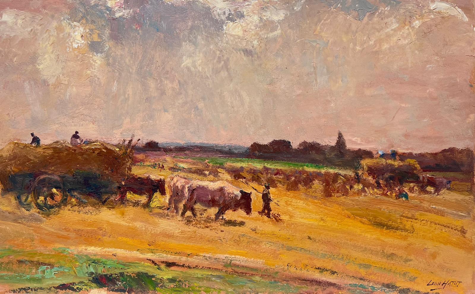 Leon Hatot Landscape Painting - Vintage French Oil Painting Cows Pulling Hay Bale Karts In Golden Fields