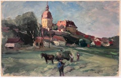 Vintage French Oil Painting Farmers and Horses in A Field To The Townes (Paysans et chevaux dans un champ vers la ville)