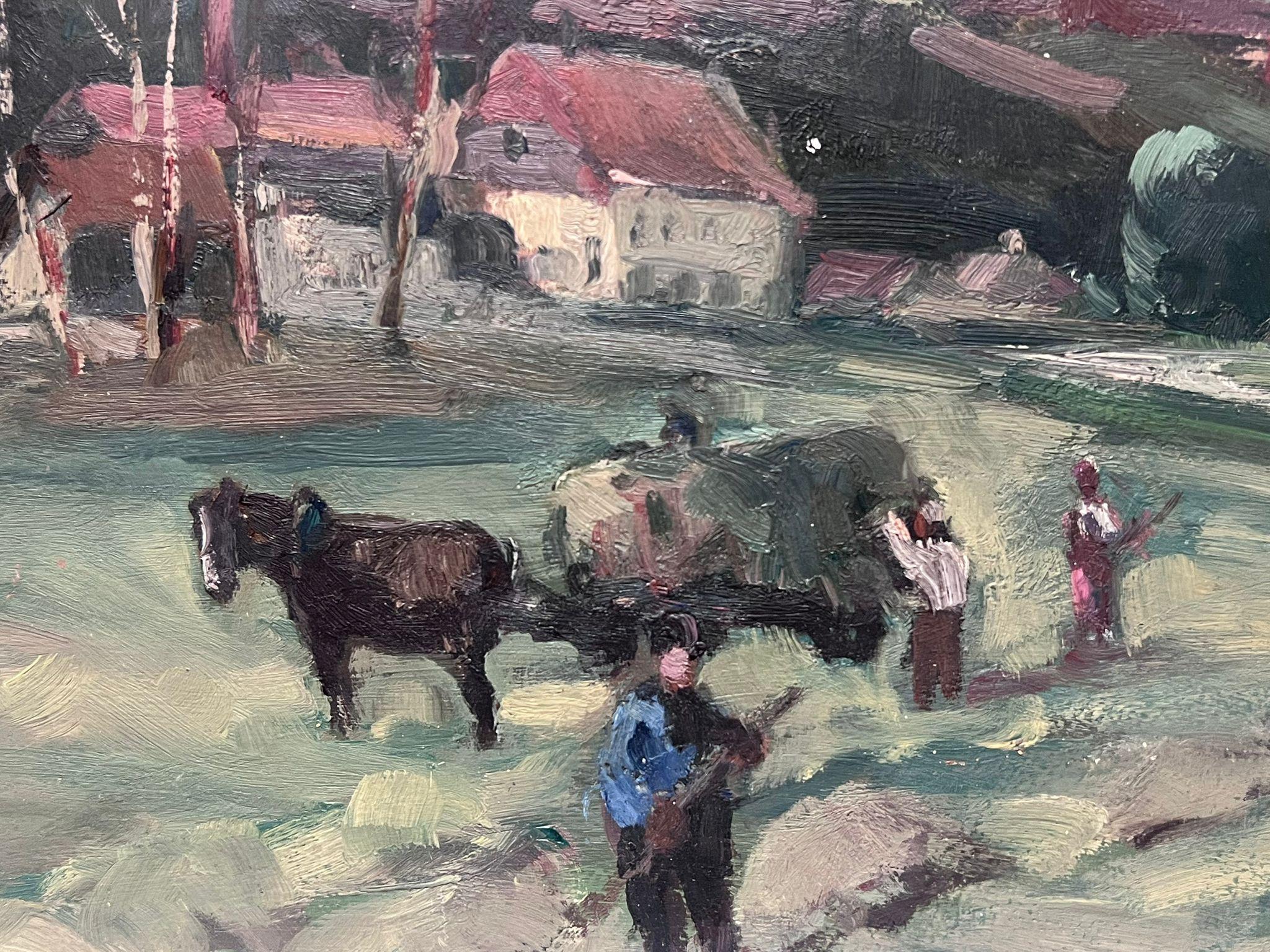 Vintage French Oil Painting Farmers and Horses in A Field To The Townes (Paysans et chevaux dans un champ vers la ville) en vente 2