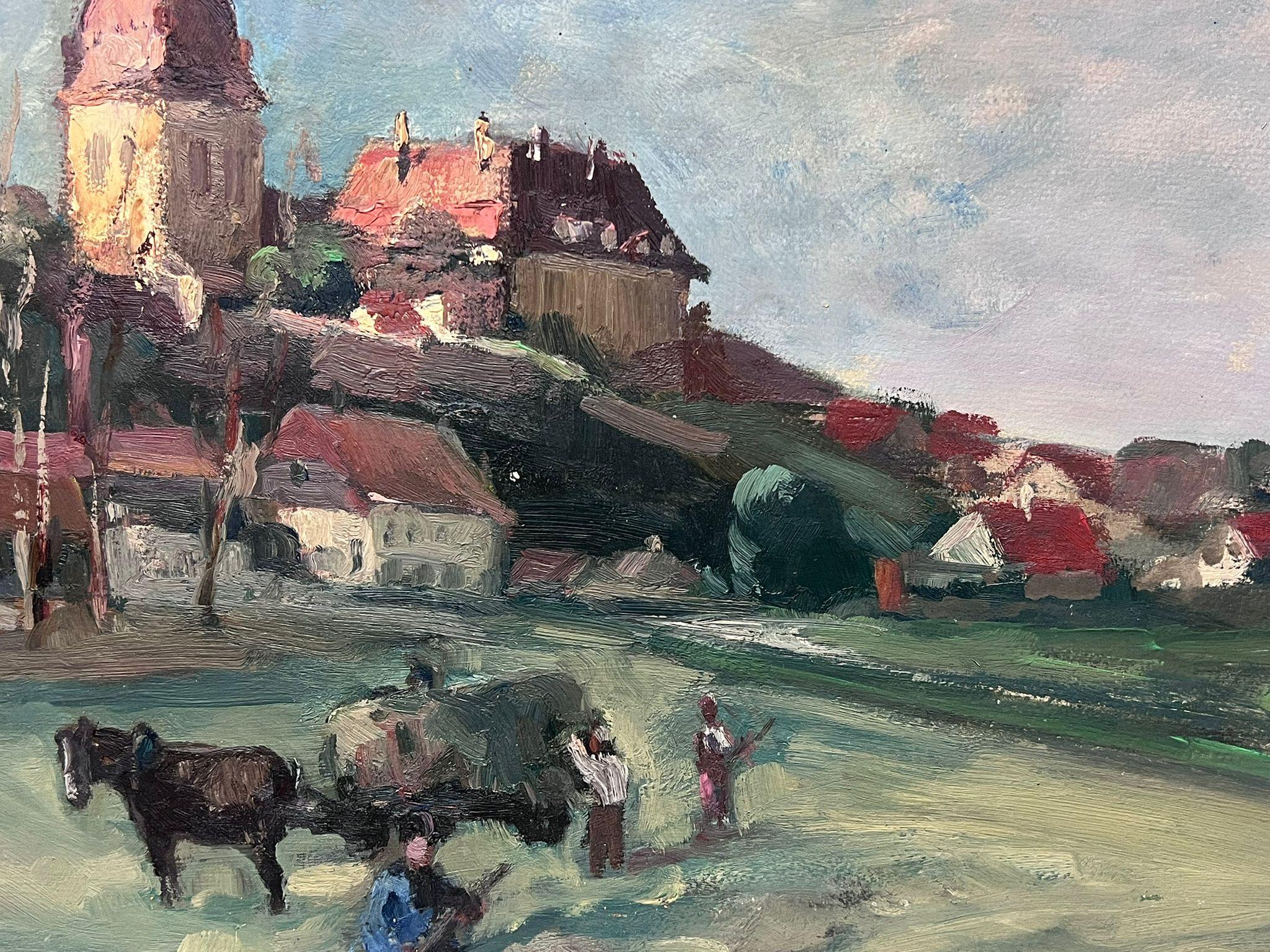 Vintage French Oil Painting Farmers and Horses in A Field To The Townes (Paysans et chevaux dans un champ vers la ville) en vente 4